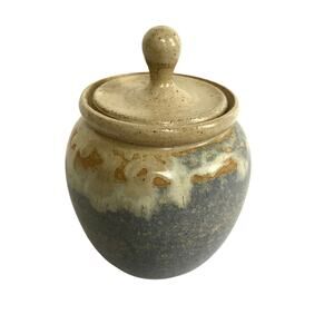 Studio Pottery Covered Jar Container Multicolor Signed Bottom Blue White Beige